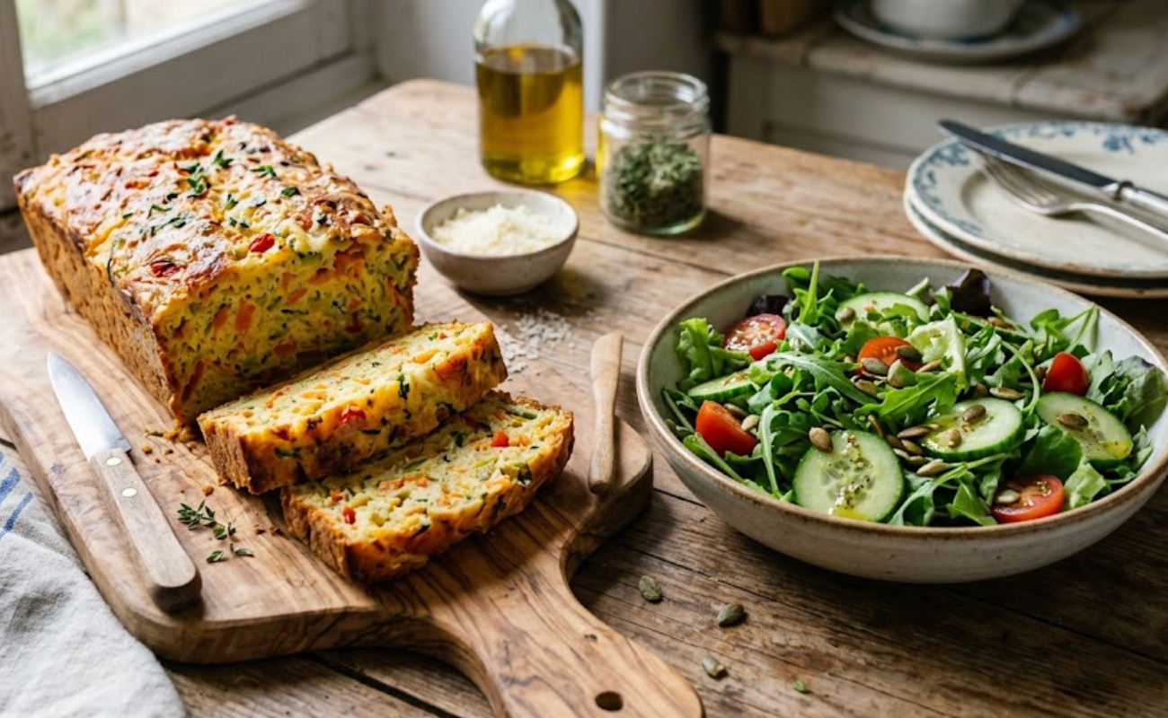 Cake aux légumes et poivrons avec salade verte