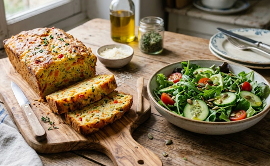 Cake aux  légumes et poivrons avec salade verte